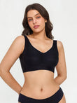 Black wireless wide strap push up comfort bra with V-neckline, offering all-day support and anti-sag features.