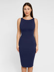 Popilush® sleeveless boatneck midi work dress in navy blue, a versatile shapewear dress.