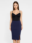Elegant navy work skirt from Popilush® featuring built-in shapewear and a flattering front slit.
