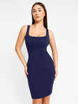 Popilush® Navy Square Neck Midi Work Dress