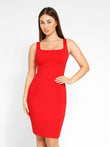 Popilush® Red Square Neck Midi Dress - Elegant and Sculpting