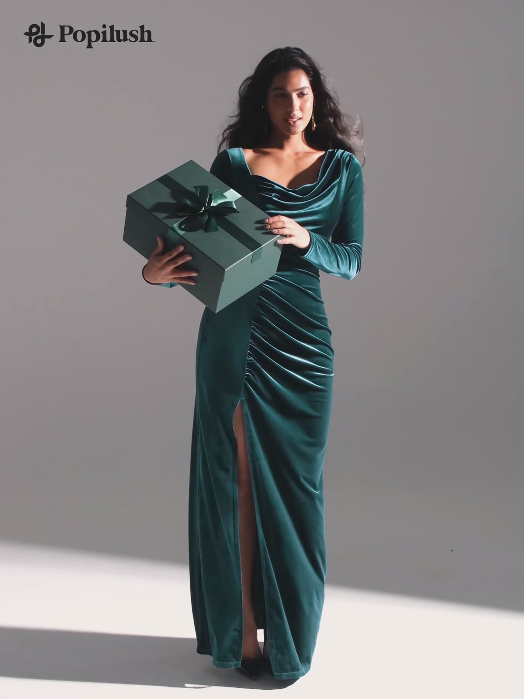 Velvet Draped Long Sleeve Sculpting Column Gown