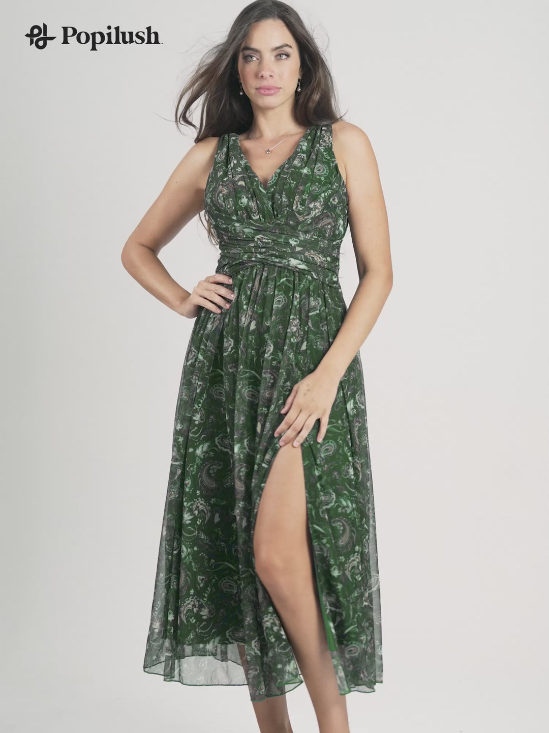 Shapewear Paisley Print V-Neck Slit Maxi Dress