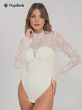 Shapewear Mock Neck Long Sleeve Floral Lace Bodysuit