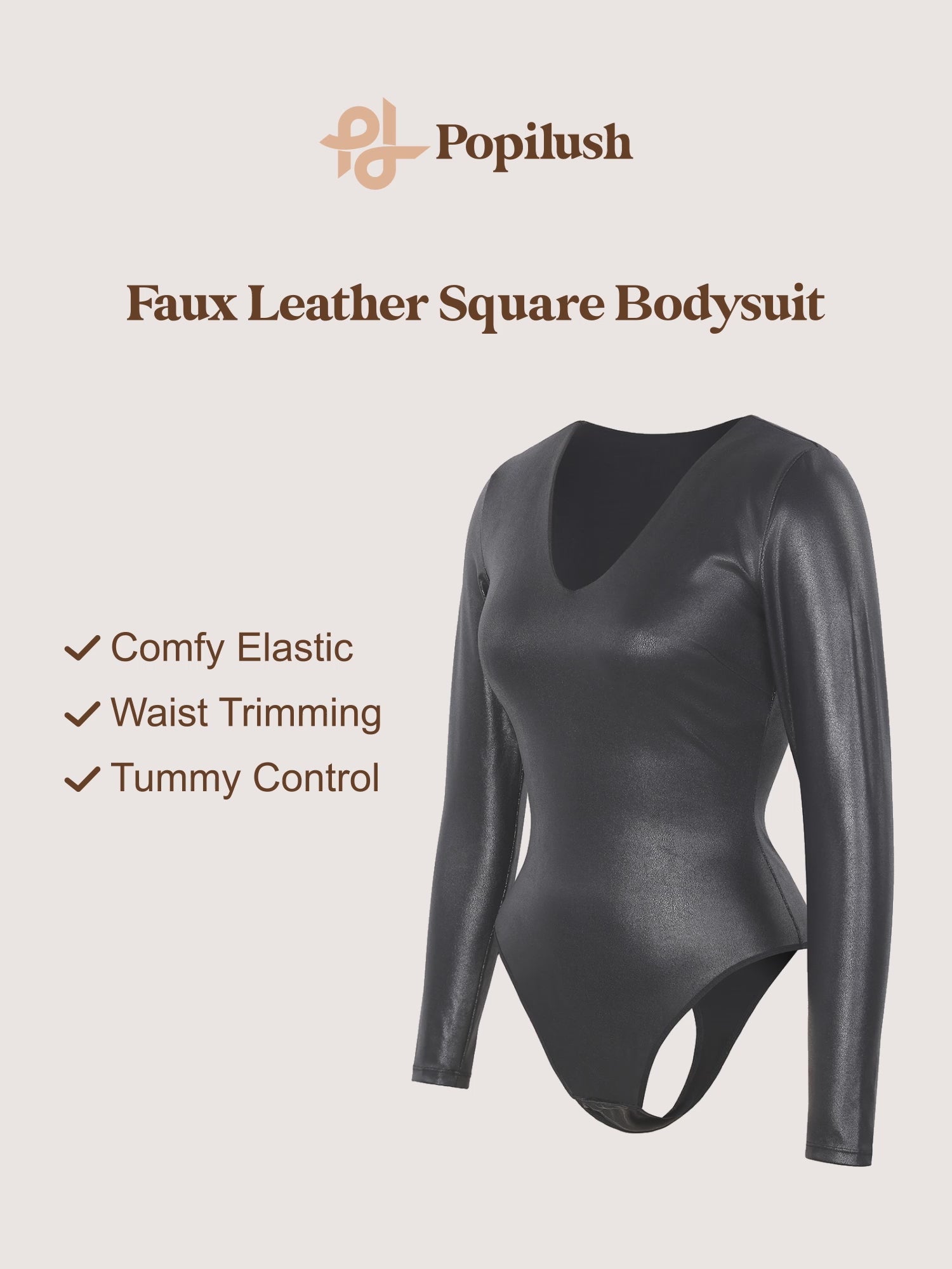 The Shapewear Bodysuit Long Sleeve Faux Leather V-Neck Thong