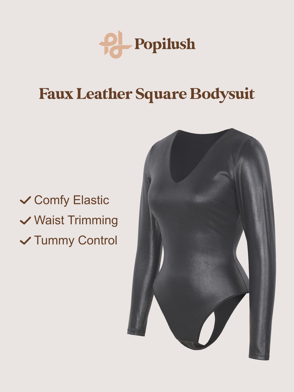 Long Sleeve Faux Leather V-Neck Thong Bodysuit