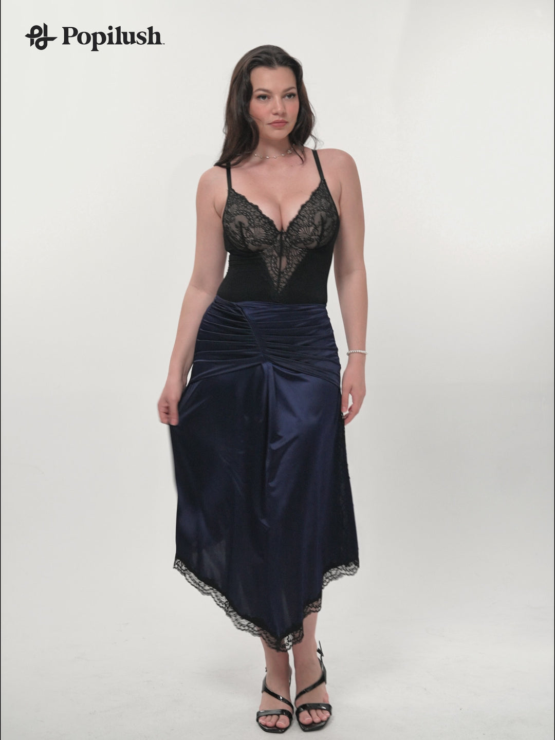 Shapewear Asymmetric Ruched Lace Midi Skirt