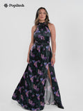 Draped High Neck Sculpting Floral-Print Maxi Dress