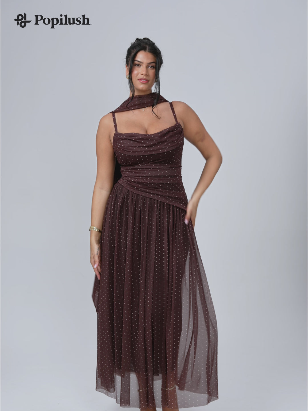 Shapewear Satin Cowl Neck Draped Maxi Dress