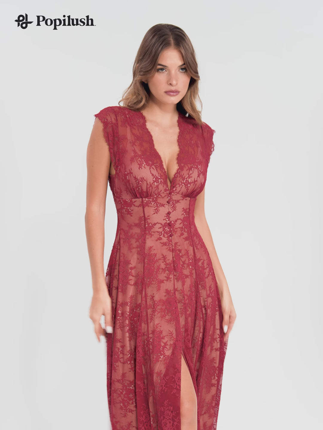 Shapewear Boho Floral Lace Front Slit Maxi Dress