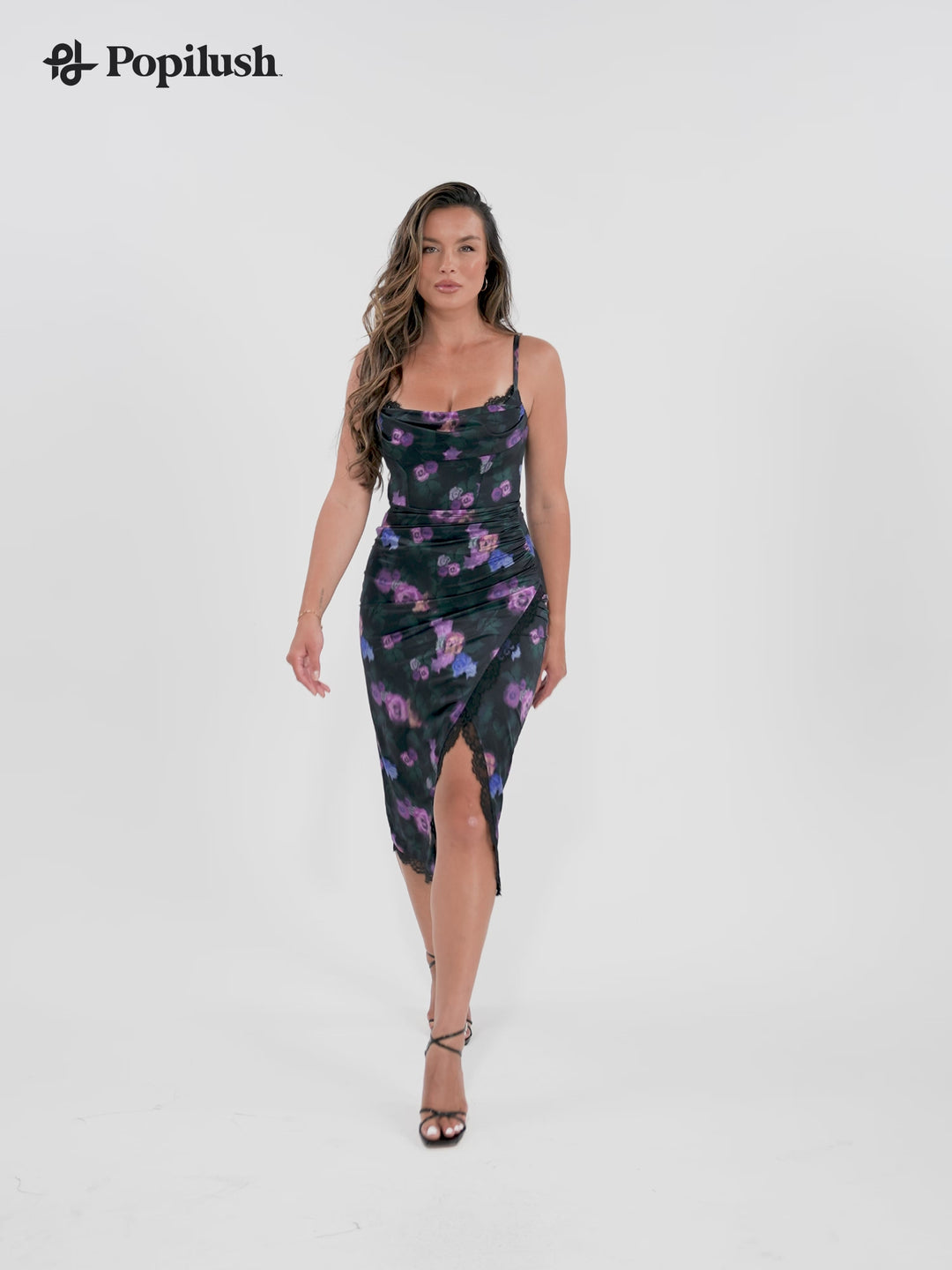 Lace Trim Sculpting Floral-Print Midi Dress